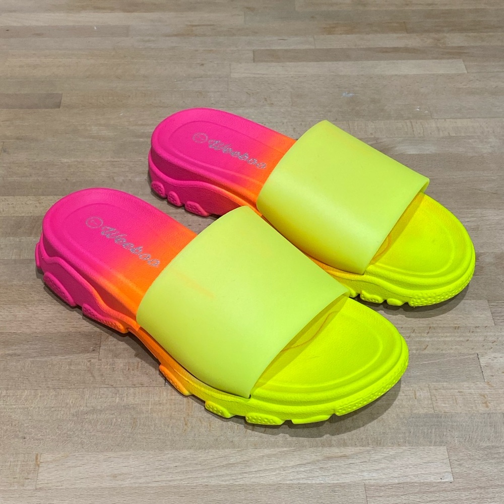 weeboo womens 7 neon platform slide sandals multicolor pink yellow Y2K ombre